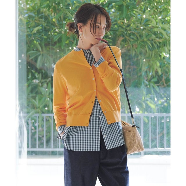 【洗える】BASIC HT COTTON クルーネック カーディガン （オレンジ系）