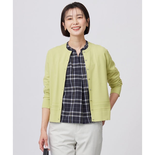 【洗える】RAYON ELITE STRETCH クルーネック カーディガン （ピスタチオ系）