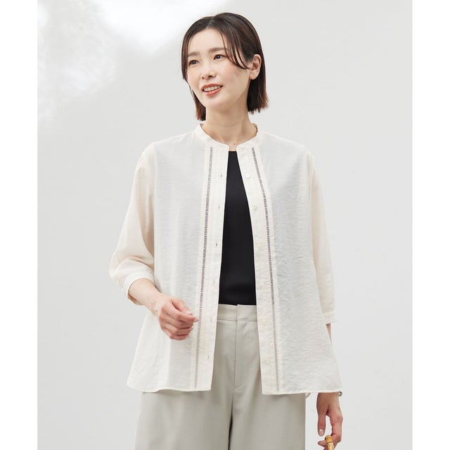 【WEB限定カラーあり・洗える】Sheer Vis リネン バンドカラー ブラウス （エクリュ系）