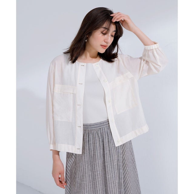 【洗える】Sheer Vis リネン ノーカラー ブルゾン （エクリュ系）