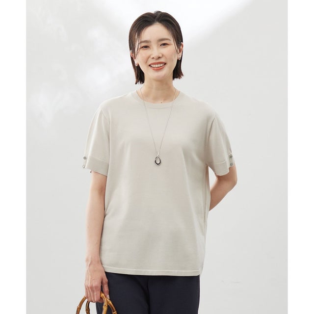【洗える】COTTON POLYESTER 袖ボタン ニット （ベージュ系）