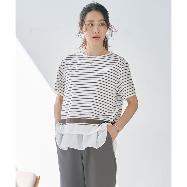 【洗える】パネルボーダー Tシャツ （オフ×ダークブラウン系）