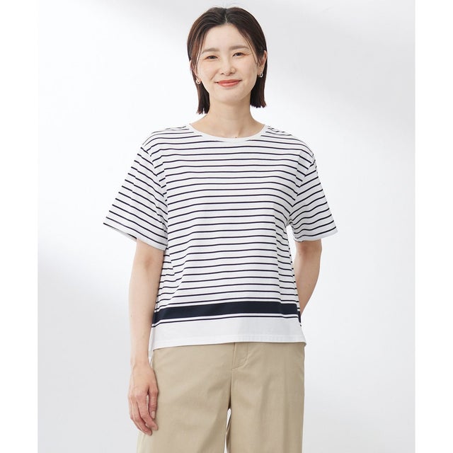 【洗える】パネルボーダー Tシャツ （オフ×ネイビー系）