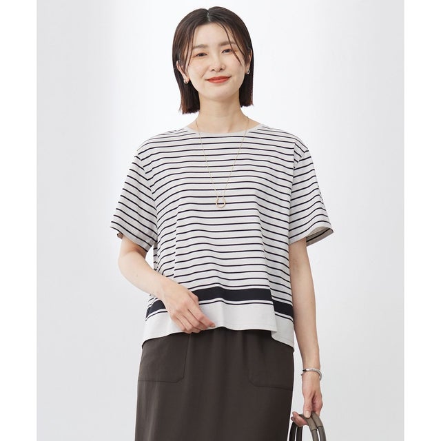 【洗える】パネルボーダー Tシャツ （ベージュ×ブラック系）