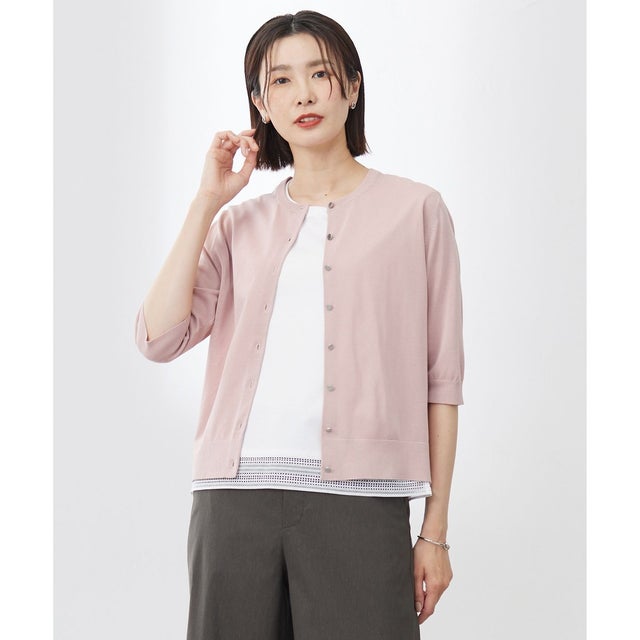 【洗える・抗菌防臭】COTTON ACETATE DRY クルーネック カーディガン （ピンク系）