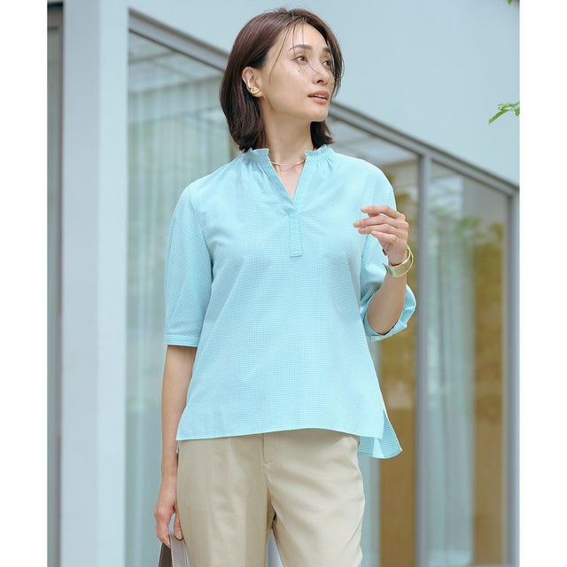 【洗える】SHEER ギンガム スキッパー ブラウス （オフ×アクアグリーン系）