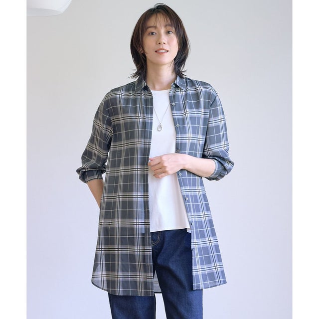 【WEB限定カラーあり・洗える】SOFT SHEER チェック ロング シャツ （スレートチェック系）