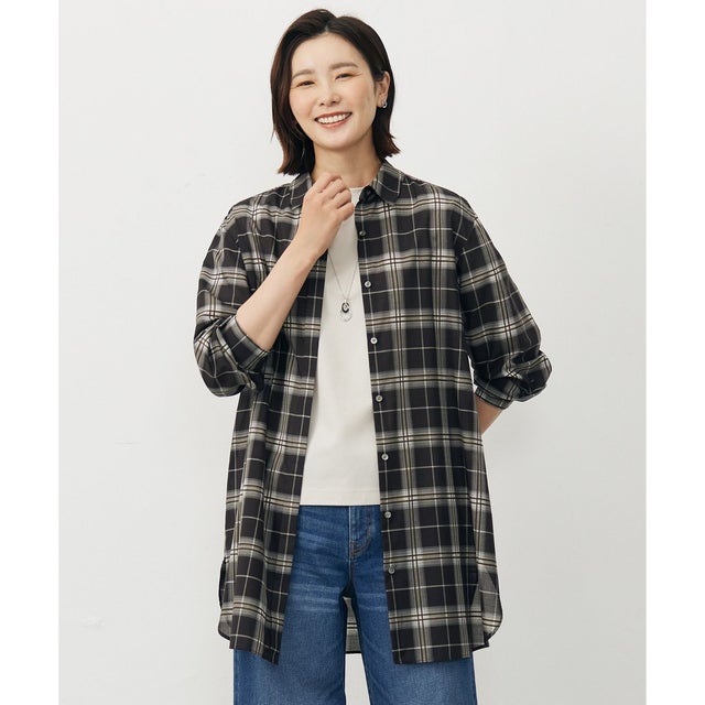 【WEB限定カラーあり・洗える】SOFT SHEER チェック ロング シャツ （ブラウンチェック系）