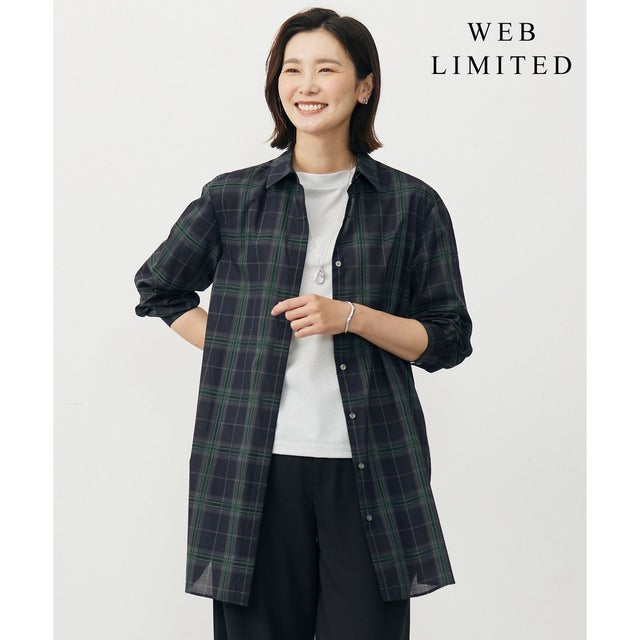【WEB限定カラーあり・洗える】SOFT SHEER チェック ロング シャツ （【WEB限定】ネイビーチェック系）