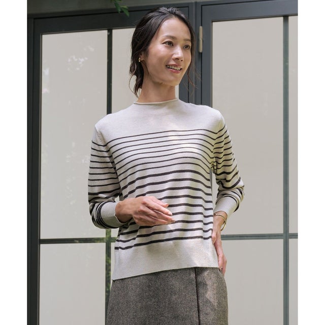 SOFT TOUCH WOOL ボーダー ニット （ベージュ×ダークブラウン系）