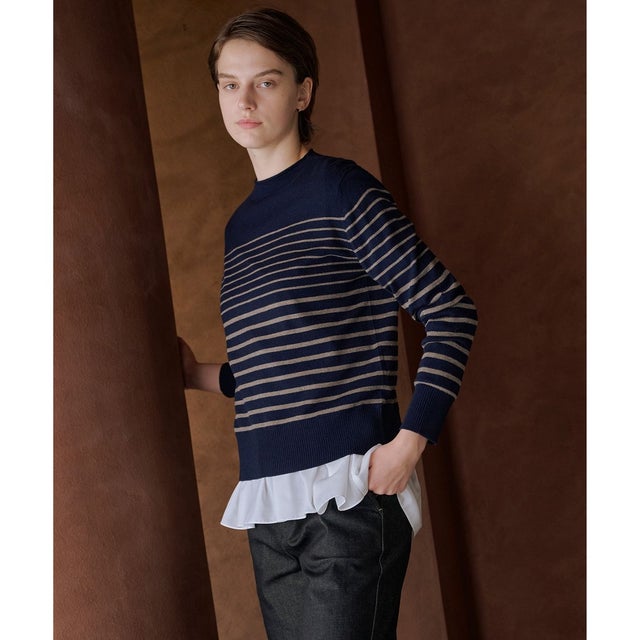SOFT TOUCH WOOL ボーダー ニット （ネイビー×モカ系）
