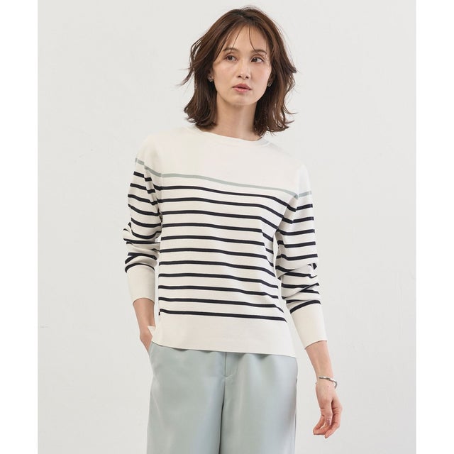 Rayon Stretch Border ニット （オフ×ネイビー×セージ系）