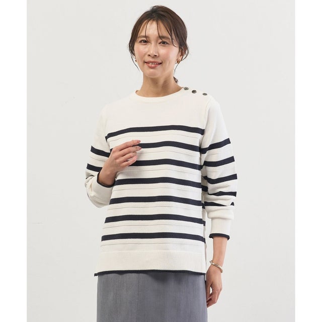 Cotton Polyester カラーボーダー ニット （オフ×ネイビー系）