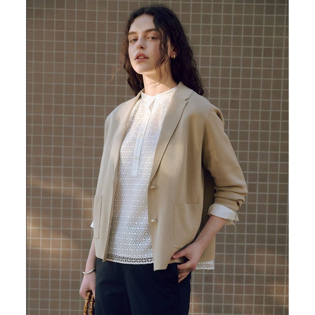 【昨年ご好評・オンオフ使える・冷房対策に】Cotton Acetate ニット ジャケット （ベージュ系）