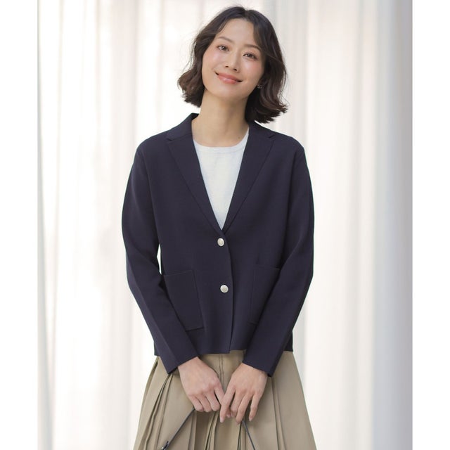 【昨年ご好評・オンオフ使える・冷房対策に】Cotton Acetate ニット ジャケット （ネイビー系）