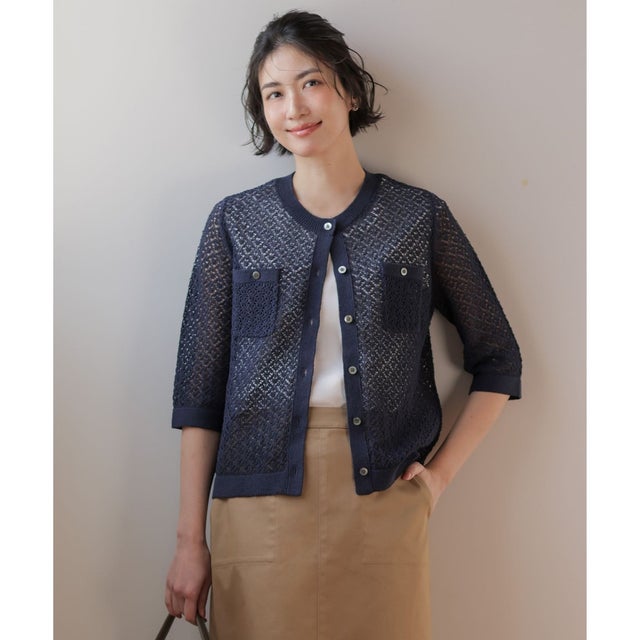 LINEN COTTON BLEND ニット カーディガン （インディゴ系）