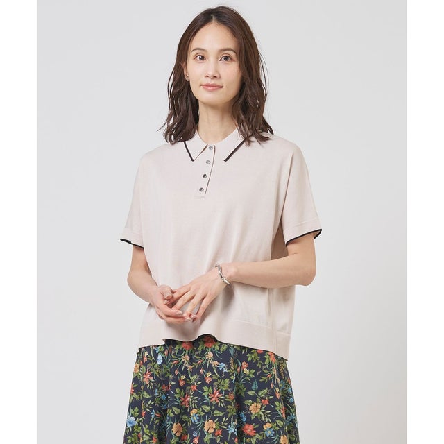DRY COTTON ポロ ニット （ナチュラル×ネイビー系）