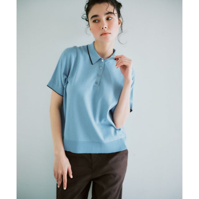 DRY COTTON ポロ ニット （サックス×ダークブラウン系）