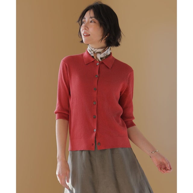 LINEN COTTON ポロ ニット （ルビーレッド系）