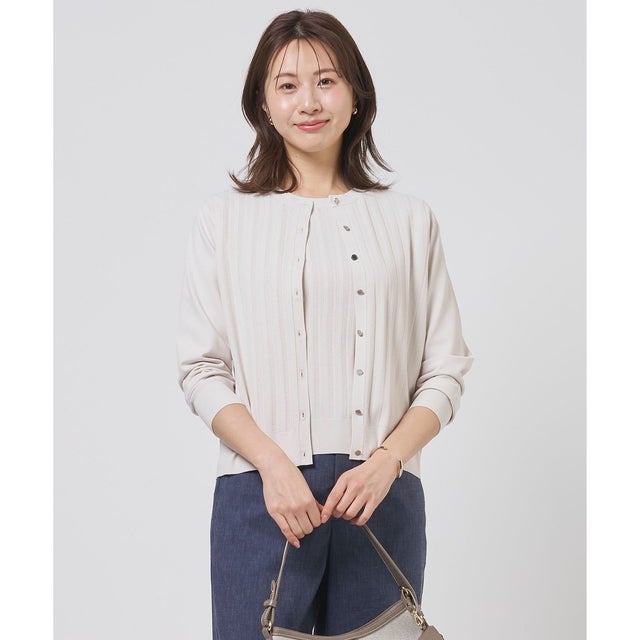 【アンサンブル着用可】Rayon Elite Stretch クルーネック カーディガン （ライトベージュ系）