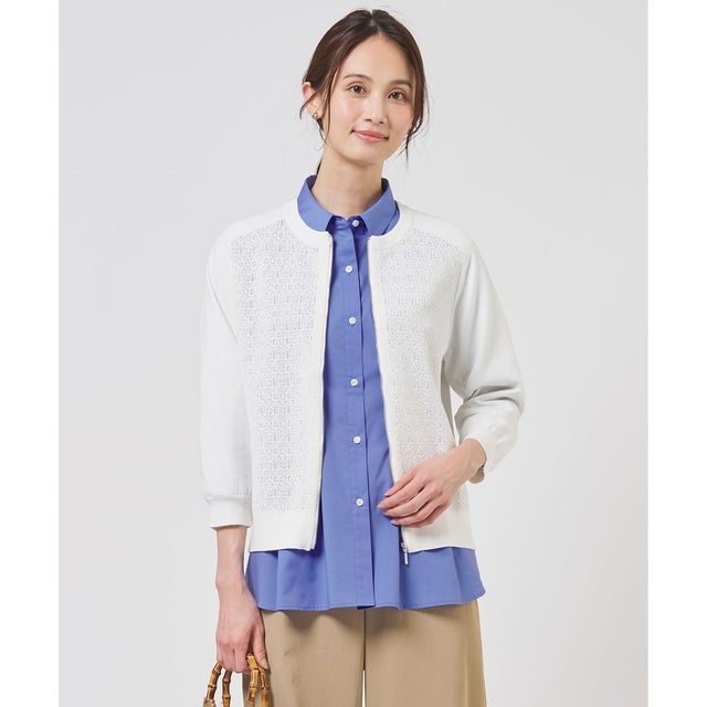 【季節の変わり目に】Lace Jacquard ニット ブルゾン （オフ系）