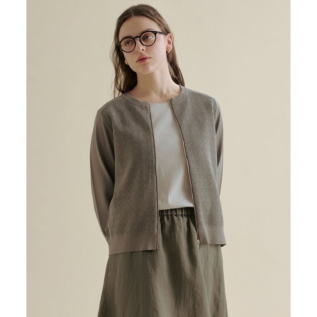 【季節の変わり目に】Lace Jacquard ニット ブルゾン （モカ系）