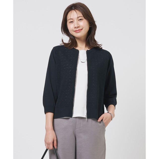 【季節の変わり目に】Lace Jacquard ニット ブルゾン （ネイビー系）