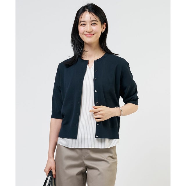 COTTON ACETATE DRY クルーネック カーディガン （ネイビー系）
