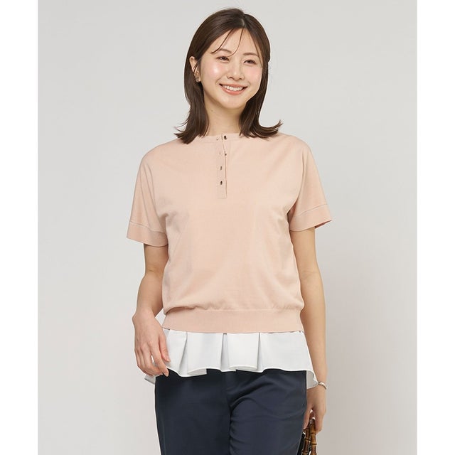 COOL MINT COTTON POLYESTER ヘンリーネック ニット プルオーバー （サーモン系）