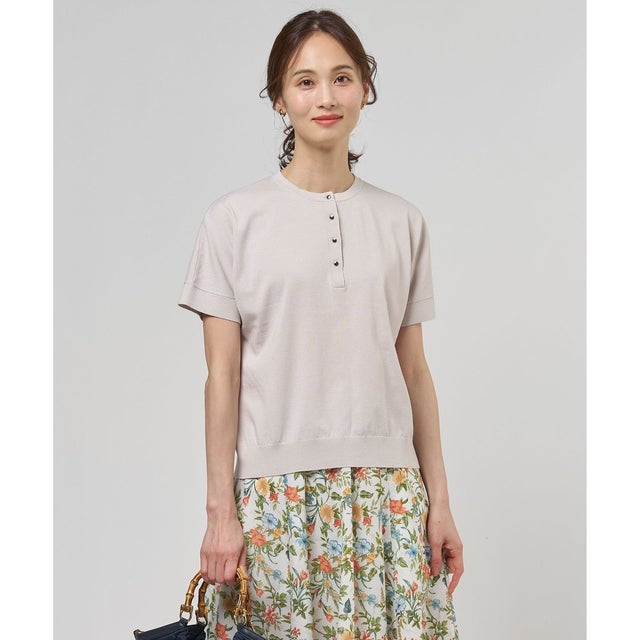 COOL MINT COTTON POLYESTER ヘンリーネック ニット プルオーバー （グレージュ系）
