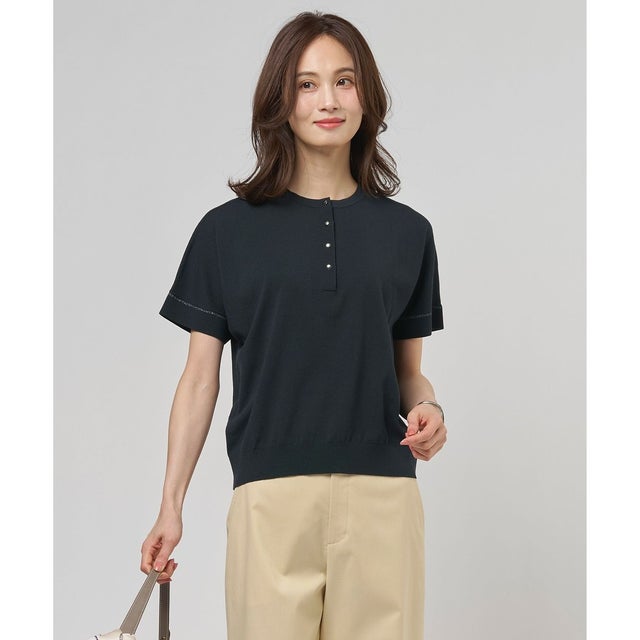 COOL MINT COTTON POLYESTER ヘンリーネック ニット プルオーバー （ネイビー系）