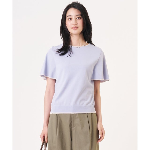 【シーンレスに活躍】COOL MINT COTTON POLYESTER フレアスリーブ ニット プルオーバー （サックス系）