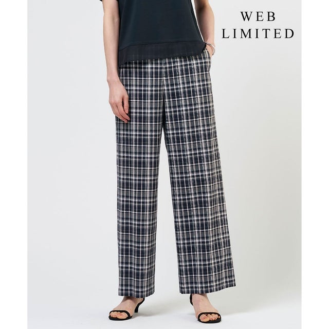 【WEB限定カラーあり】リネンレーヨン 柄 ワイドパンツ （【WEB限定】ネイビーチェック系）