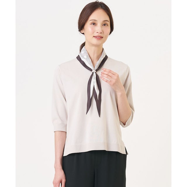 【2WAY・シーンレスに活躍】SCARF KNIT Vネック ニット （グレージュ×ブラウンスカーフ系）