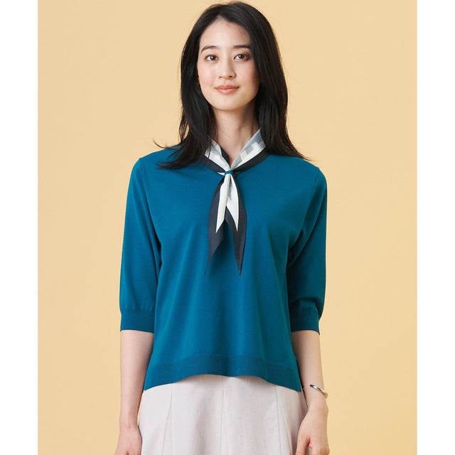 【2WAY・シーンレスに活躍】SCARF KNIT Vネック ニット （ブルーグリーン×ネイビースカーフ系）