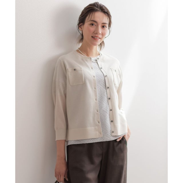 【シーンレスに活躍】SHEER GLOSS KNIT クルーネック カーディガン （ベージュ系）