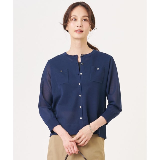 【シーンレスに活躍】SHEER GLOSS KNIT クルーネック カーディガン （ネイビー系）