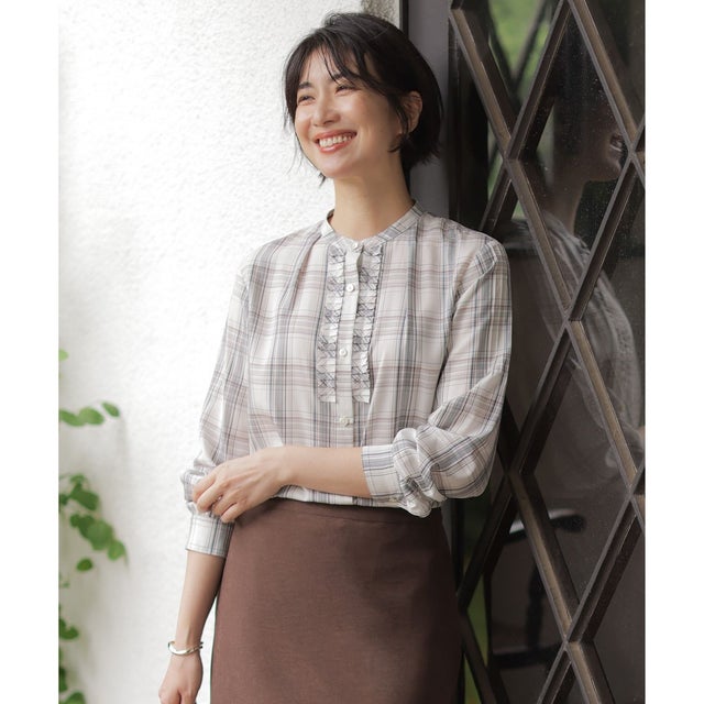 【WEB限定カラーあり】セルローストラディショナルチェック シャツブラウス （オフチェック系）