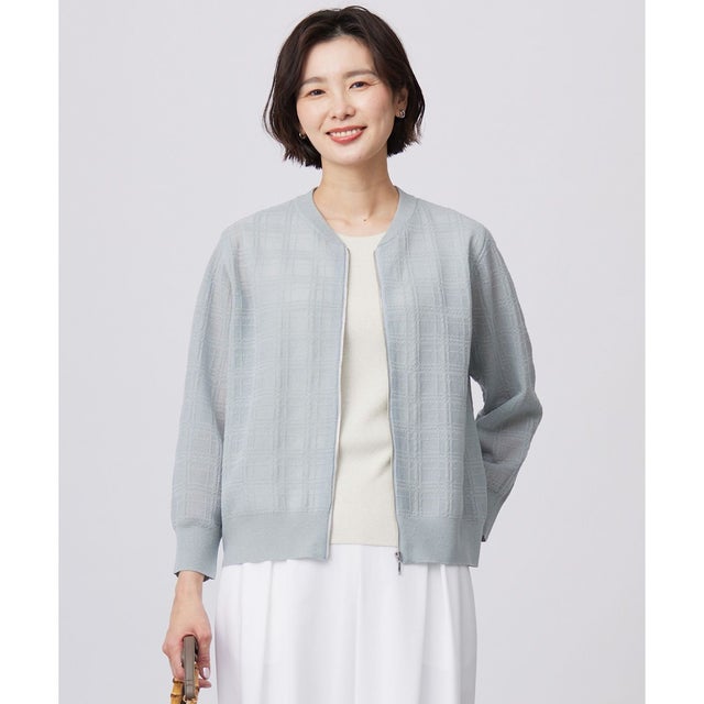 【洗える】SHEER JACQUARD ニット ブルゾン （グレイッシュアクア系）