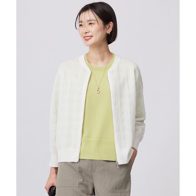 【洗える】SHEER JACQUARD ニット ブルゾン （オフ系）
