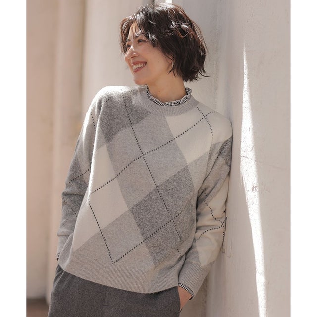 【一枚で着映え】AIRY WOOL ARGYLE クルーネック ニット （グレー系）