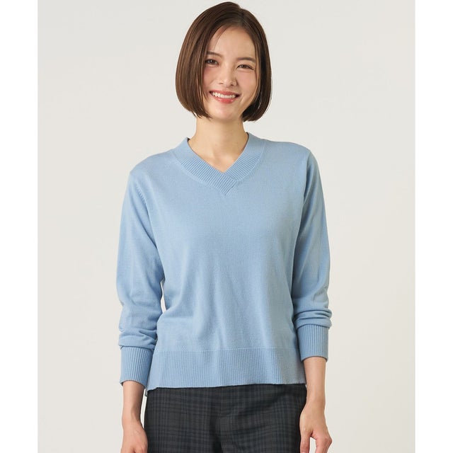 SOFT TOUCH WOOL Vネック ニット （サックス×グレー系）