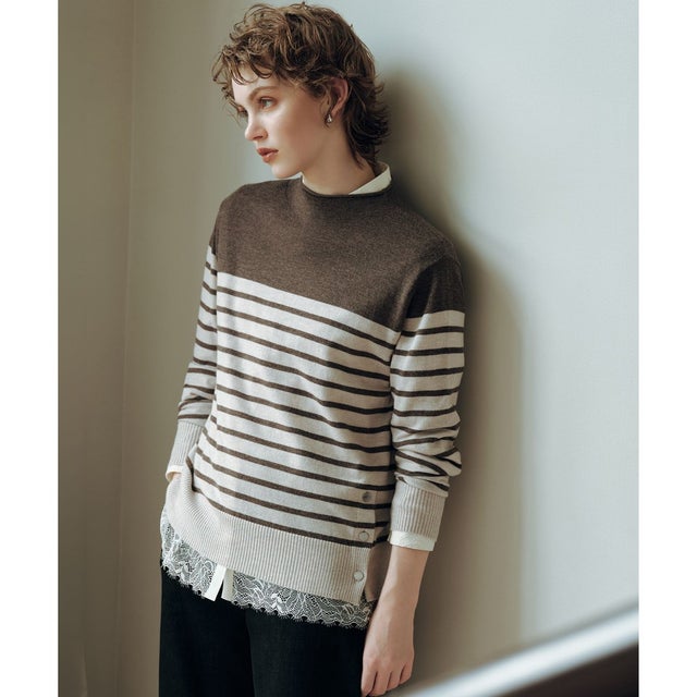 SOFT TOUCH WOOL ボーダー ニット （ベージュ×ダークブラウン系）
