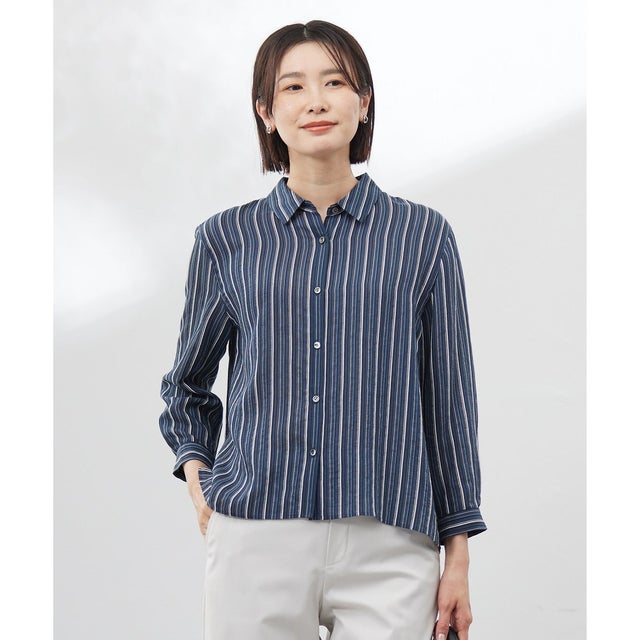【洗える】ランダムストライプ シアー シャツカラー カットソー （ネイビーストライプ系）