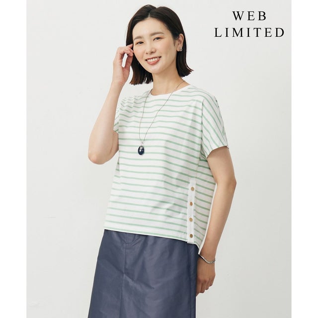 【WEB限定カラーあり・洗える】ULTIM天竺ボーダー カットソー （【WEB限定カラー】オフ×ライトグリーンボーダー系）