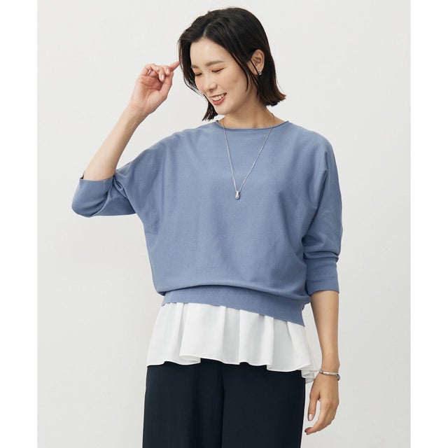 【WEB限定カラーあり・洗える・抗菌防臭】COTTON POLYESTER ドルマンスリーブ ニット （ソフトブルー系）