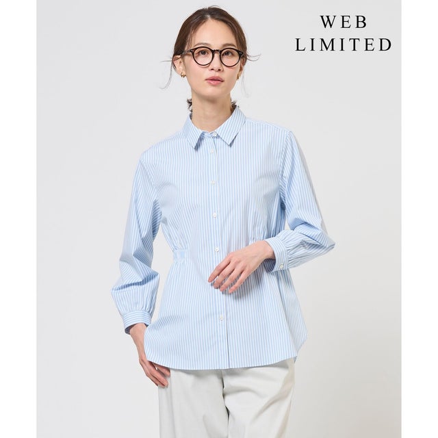 【WEB限定カラーあり】コンパクトエステネージュ シャーリング シャツ ブラウス （【WEB限定】サックスストライプ系2）