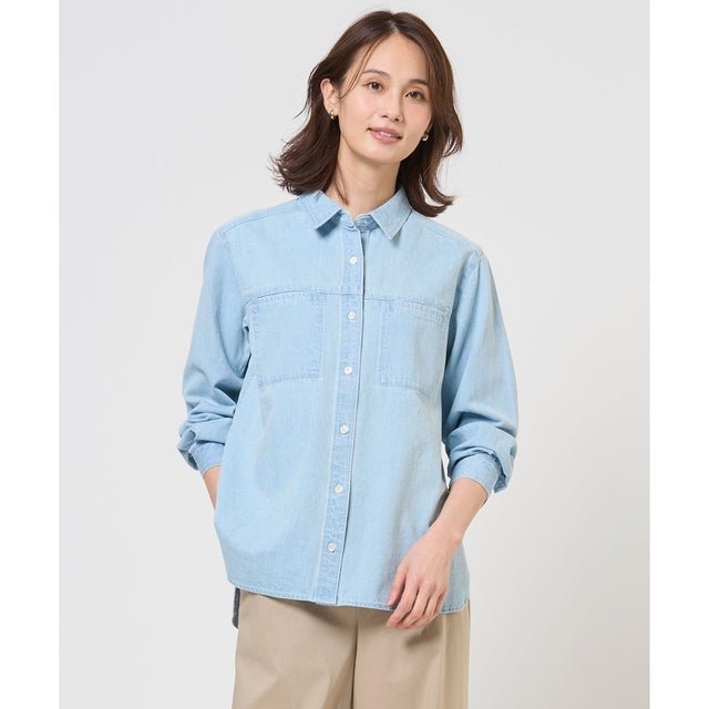 【冷房対策に】コットンリネン 7oz デニム シャツ （ブリーチ系）