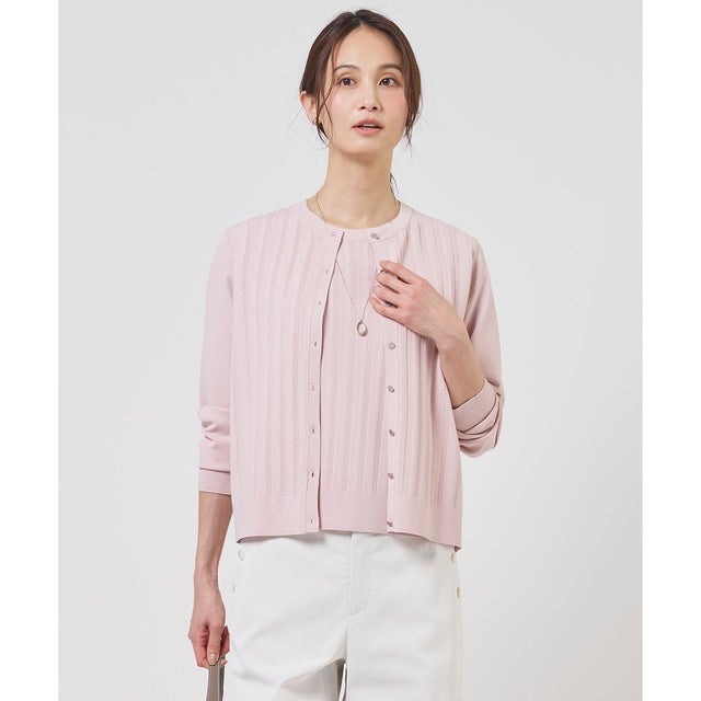 【アンサンブル着用可】Rayon Elite Stretch クルーネック カーディガン （ピンク系）
