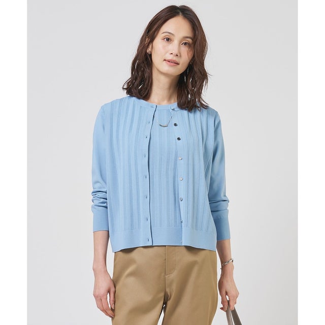 【アンサンブル着用可】Rayon Elite Stretch クルーネック カーディガン （サックスブルー系）